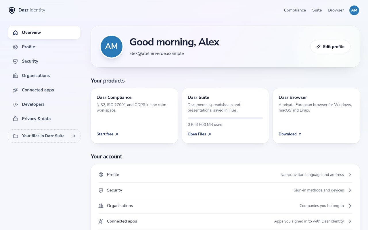 The Dazr Identity account portal: a greeting, the Dazr products for the account and the account sections Profile, Security, Organisations and Connected apps