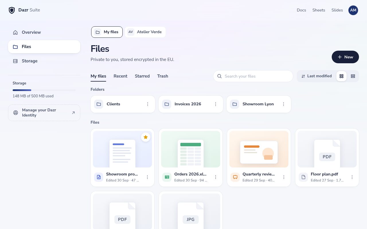 Dazr Files: folders and recent documents, workbooks and presentations, with the storage used in the sidebar